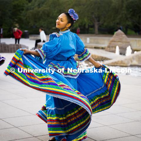 Dancers performing a traditional  dance. Fiesta on the green at the Nebraska Union Plaza. Fiesta on the Green is an annual Latino culture and heritage festival. October 5, 2023. Photo by Kristen Labadie / University Communication.